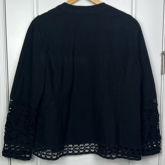 BOHO Chicos 3 Black Floral Embroidered Lace Beaded Eyelet Open Front Blazer XL - Picture 2 of 7